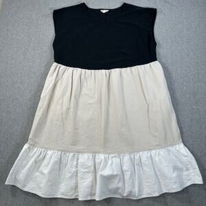 52Seven Linen Blend Colorblock Dress Womens 1X Black Tan Ivory Ruffle Sleeveless